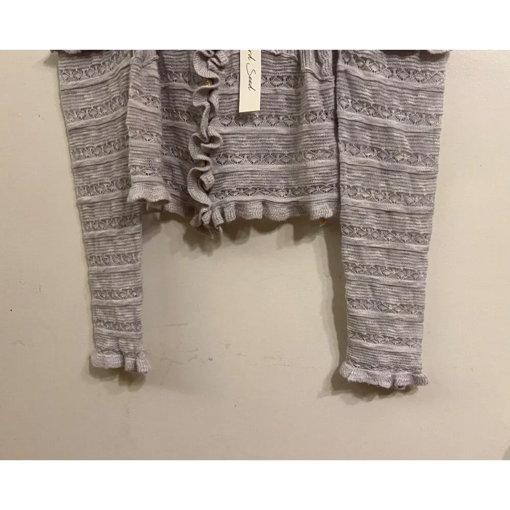 Mustard Seed NEW Ruffle Cardigan Sweater Size S Gray Knit Long Sleeve Cropped Bu - Picture 10 of 11
